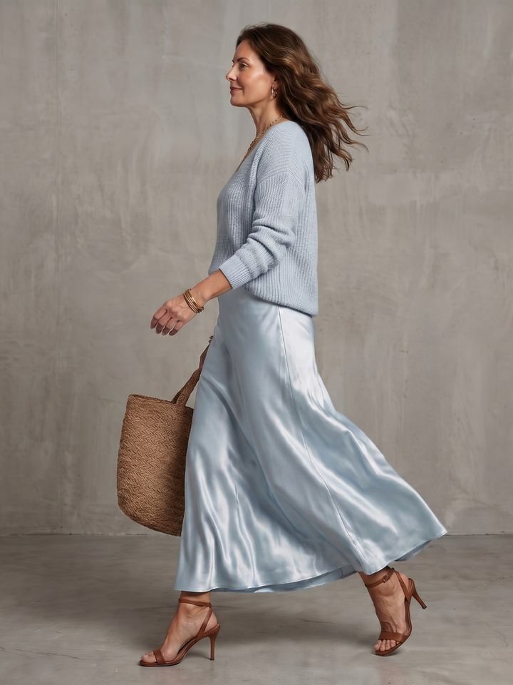 Luciana | Bias Fall Satin Skirt Knit Layer Set