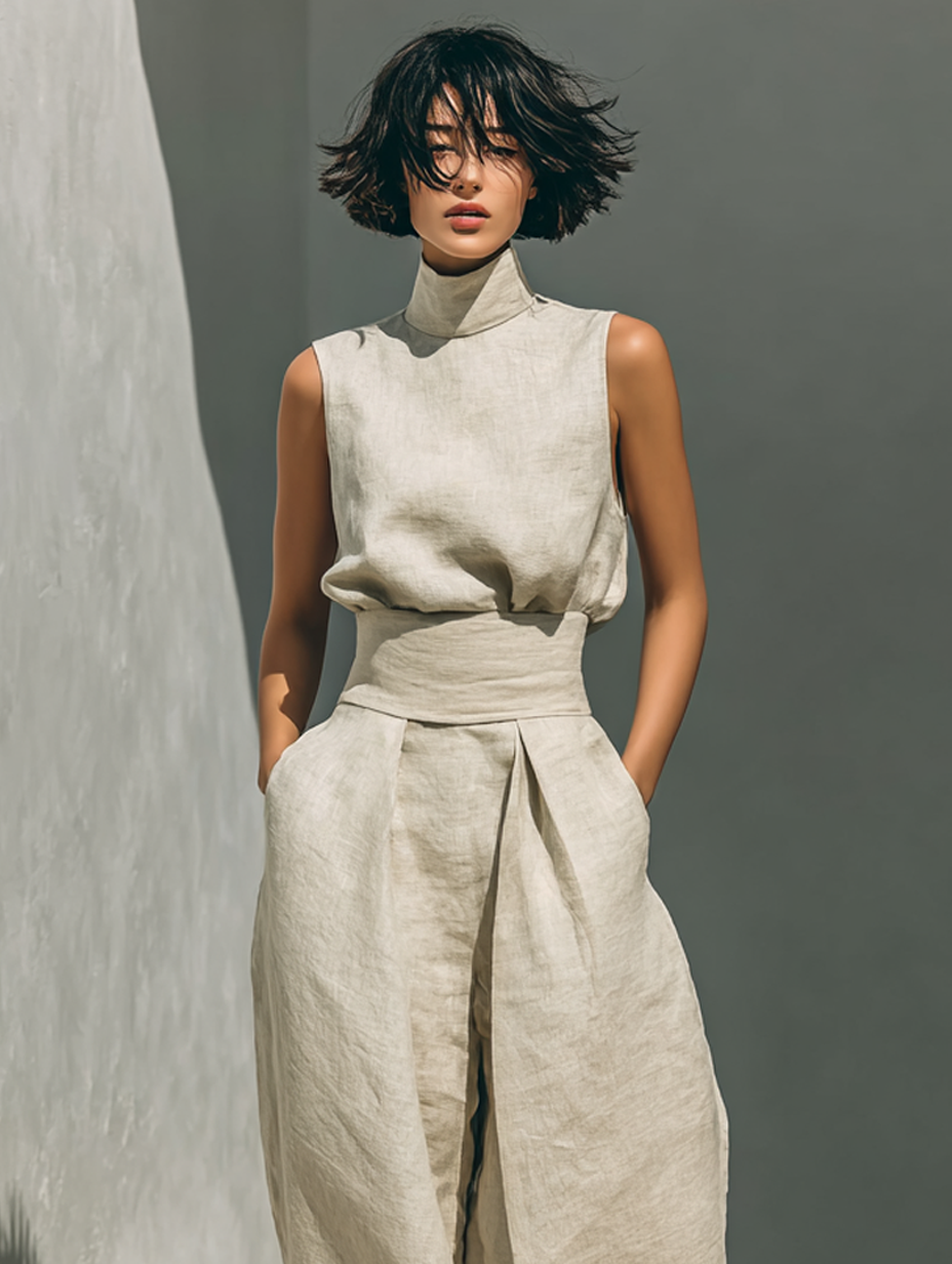 Serena | Set consisting of a sleeveless blouse and wide-leg pants, in a cotton-linen blend fabric