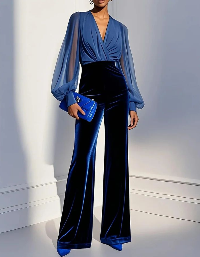 Norelia | Navy Blue Sheer-Sleeve Velvet Jumpsuit