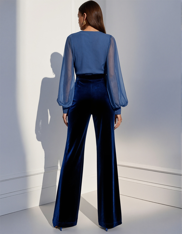 Norelia | Navy Blue Sheer-Sleeve Velvet Jumpsuit