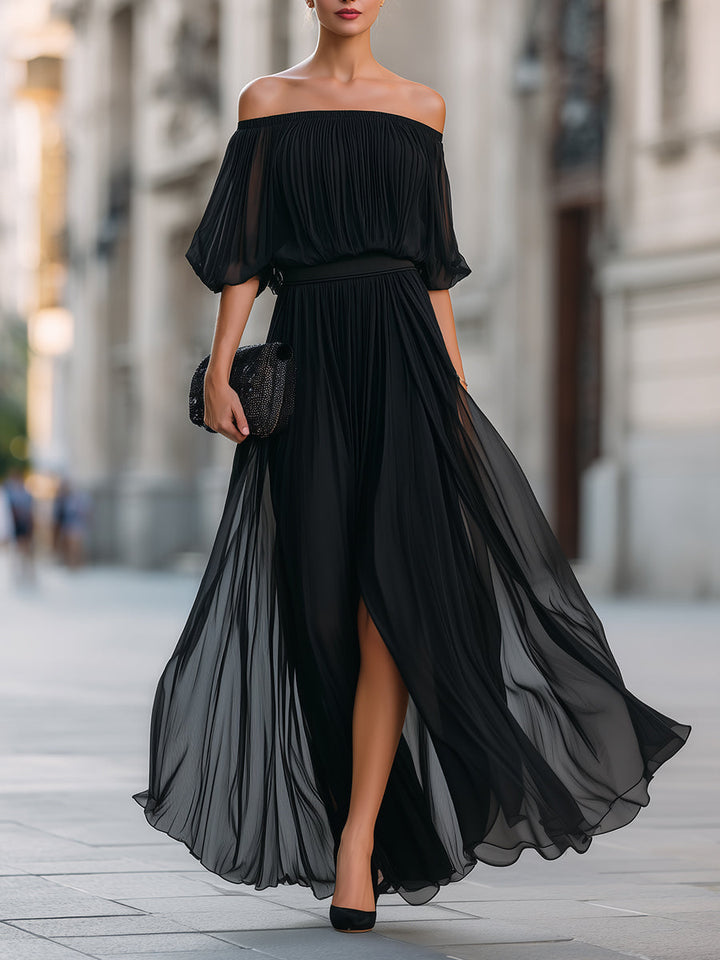 Oliviana | Off-Shoulder Pleated Chiffon Maxi Dress