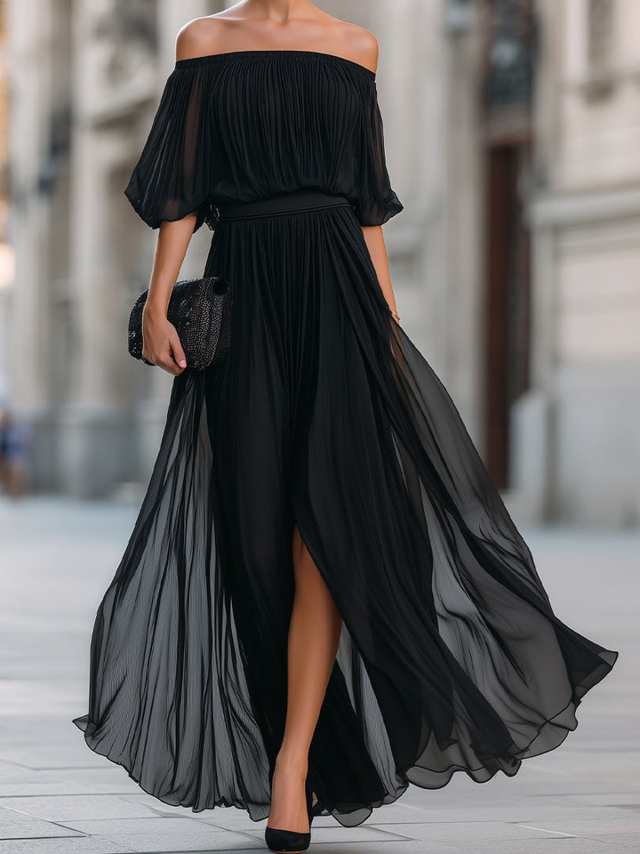 Oliviana | Off-Shoulder Pleated Chiffon Maxi Dress