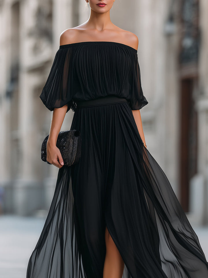 Oliviana | Off-Shoulder Pleated Chiffon Maxi Dress