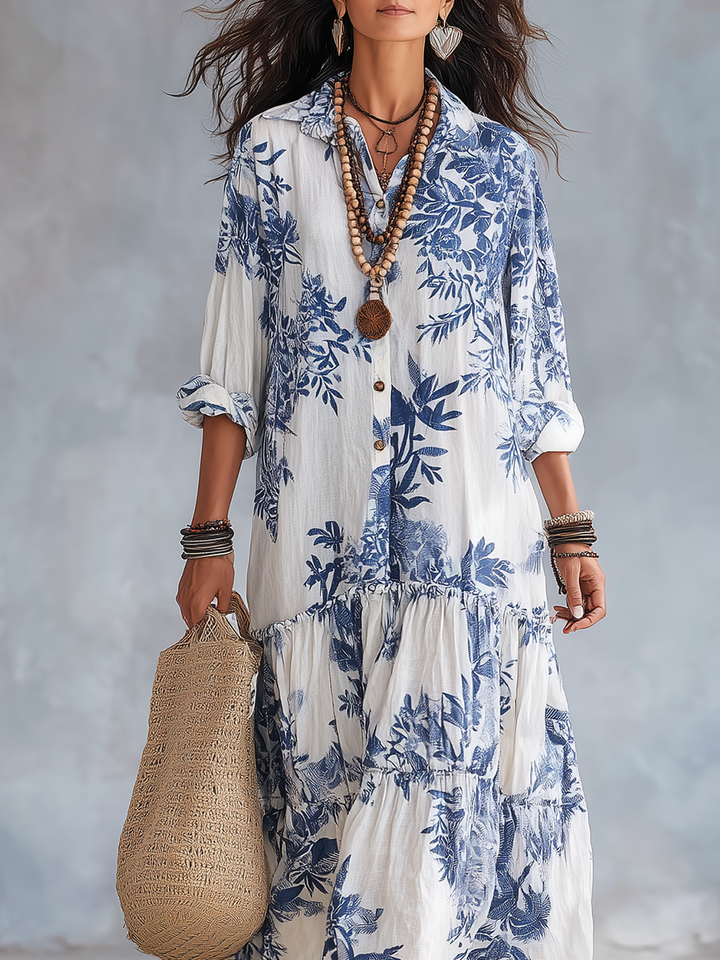 Irina | Bohemian Blue Floral Button-down Maxi Dress