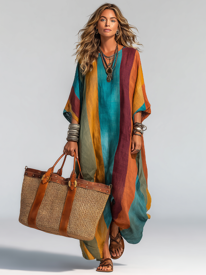 Thalia | Casual Vacation-Style Loose Fit Short Sleeves V-Neck And Contrast Color Design Blend Maxi Dress