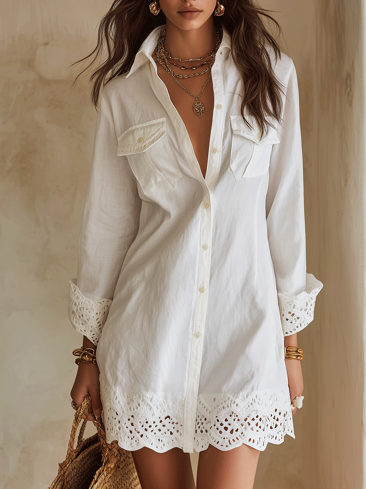 Annie | Bohemian Eyelet Hem Resort White Shirt Mini Dress