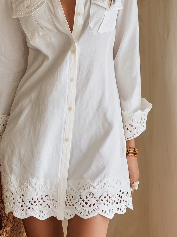 Bea | Bohemian Eyelet Hem Resort White Shirt Mini Dress