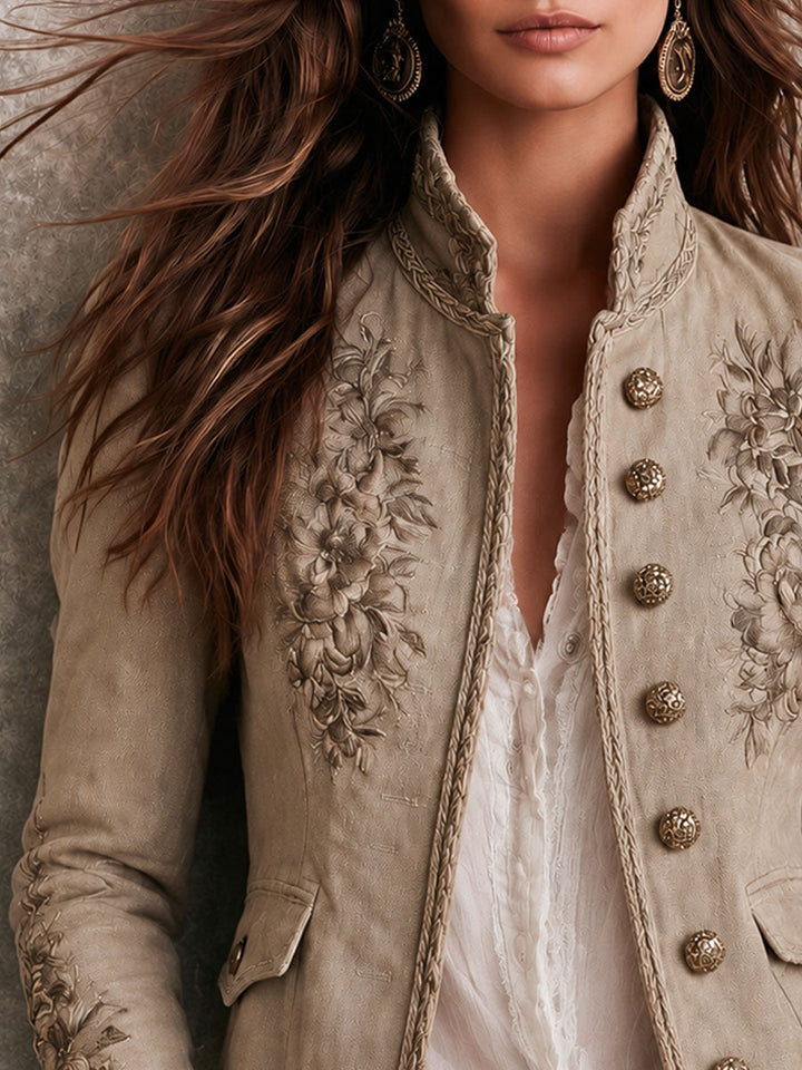 Roxie | Retro Beige Stand Collar Floral Embroidery Braided Trim Jacket