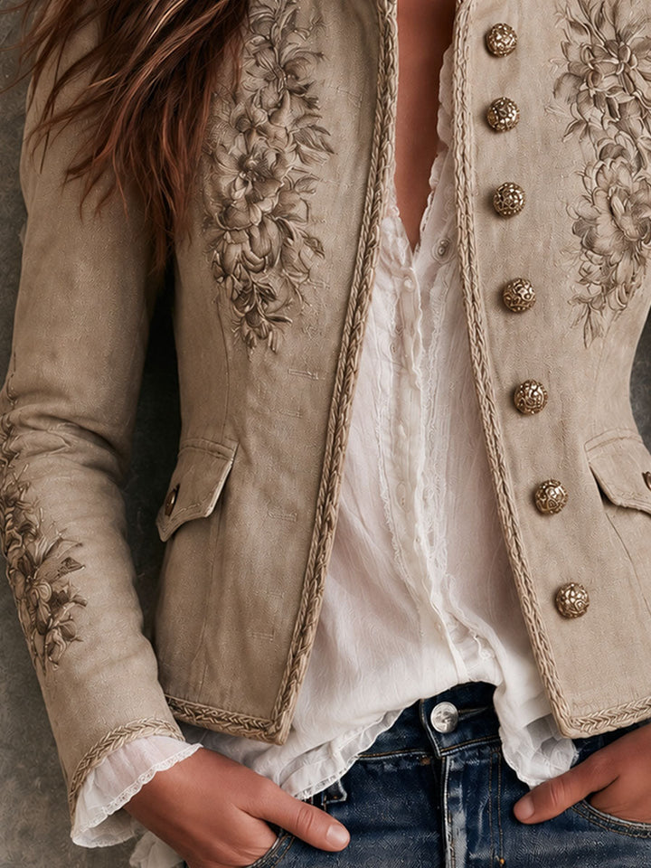 Roxie | Retro Beige Stand Collar Floral Embroidery Braided Trim Jacket