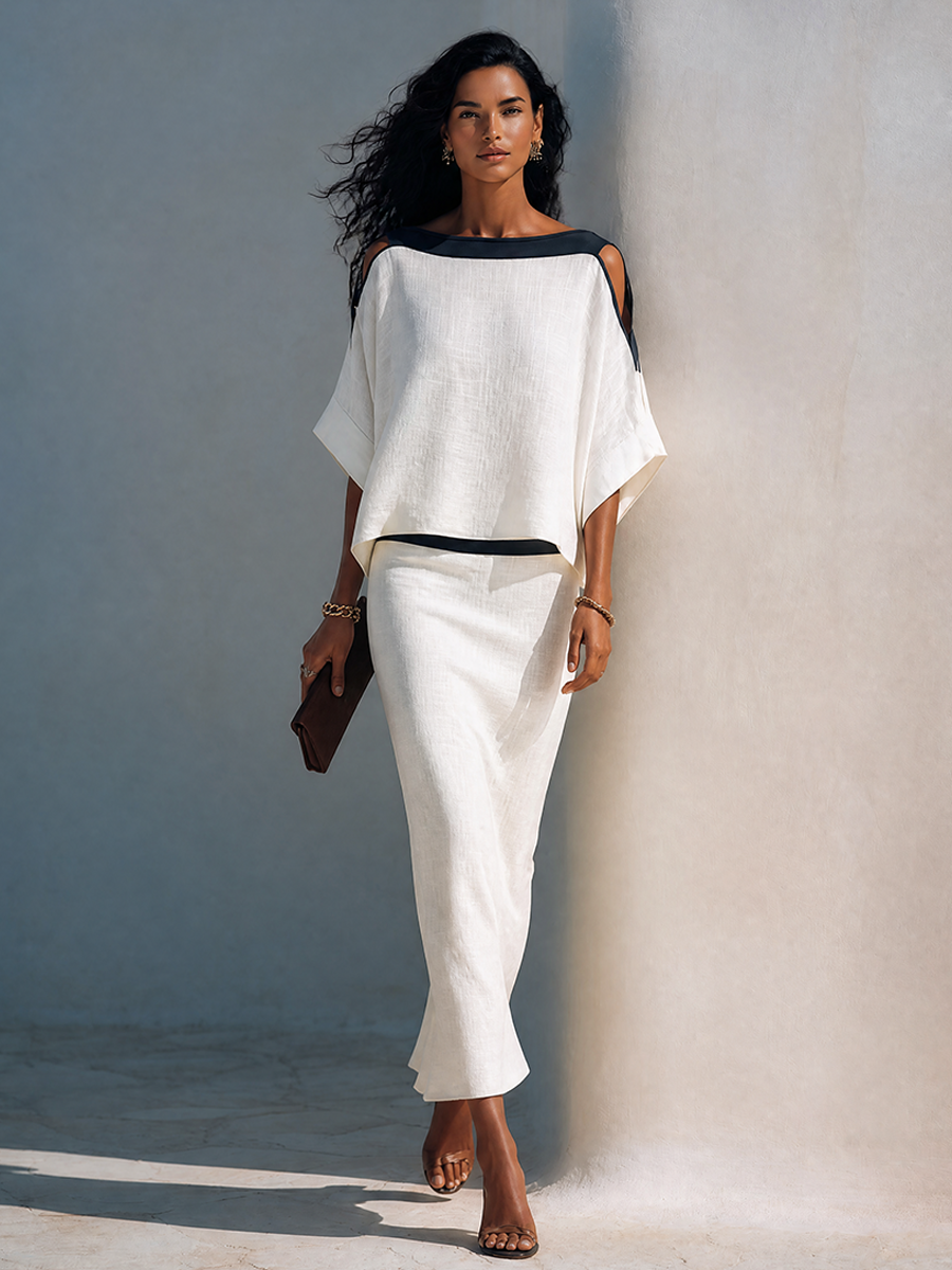 Nicoletta | Linen Blend Set with Contrasting Black Trim, White