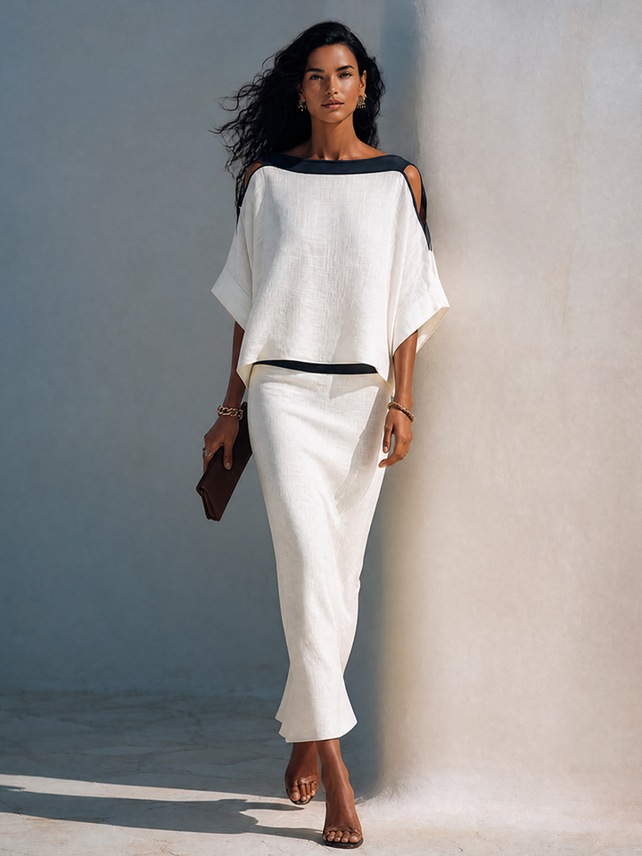 Nicoletta | Linen Blend Set with Contrasting Black Trim, White