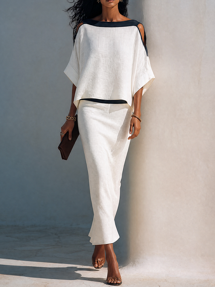 Nicoletta | Linen Blend Set with Contrasting Black Trim, White