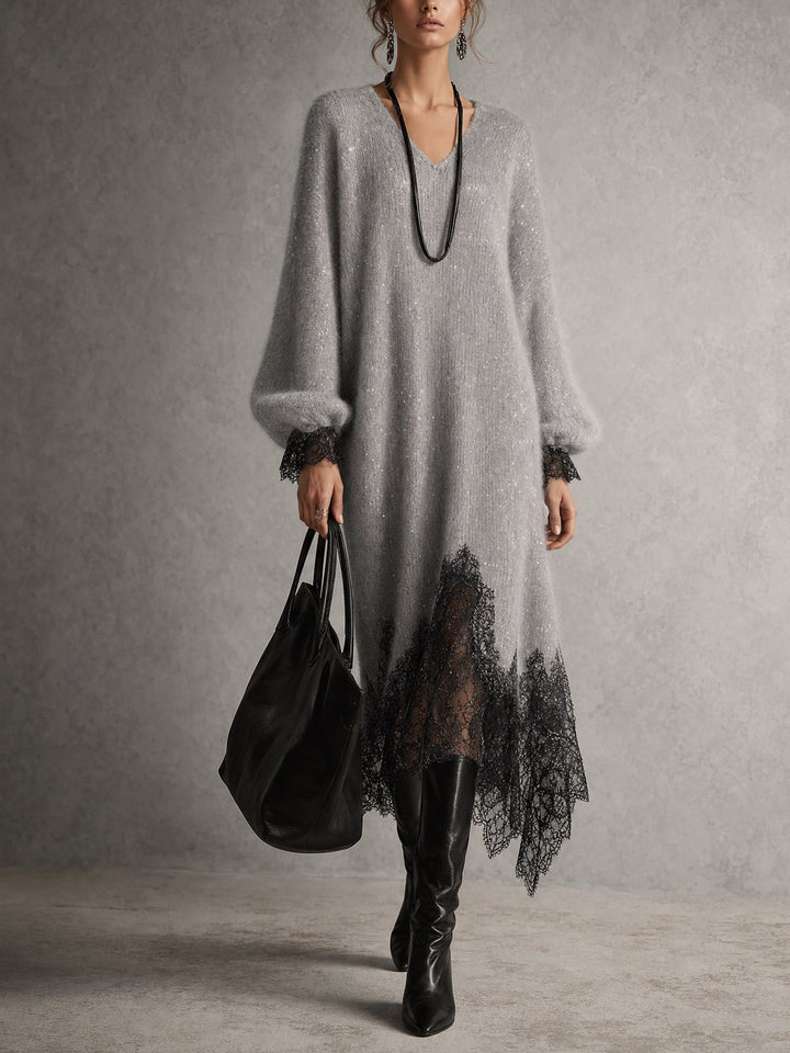 Giovanna | Shimmer Knit Lace Hem Midi Dress