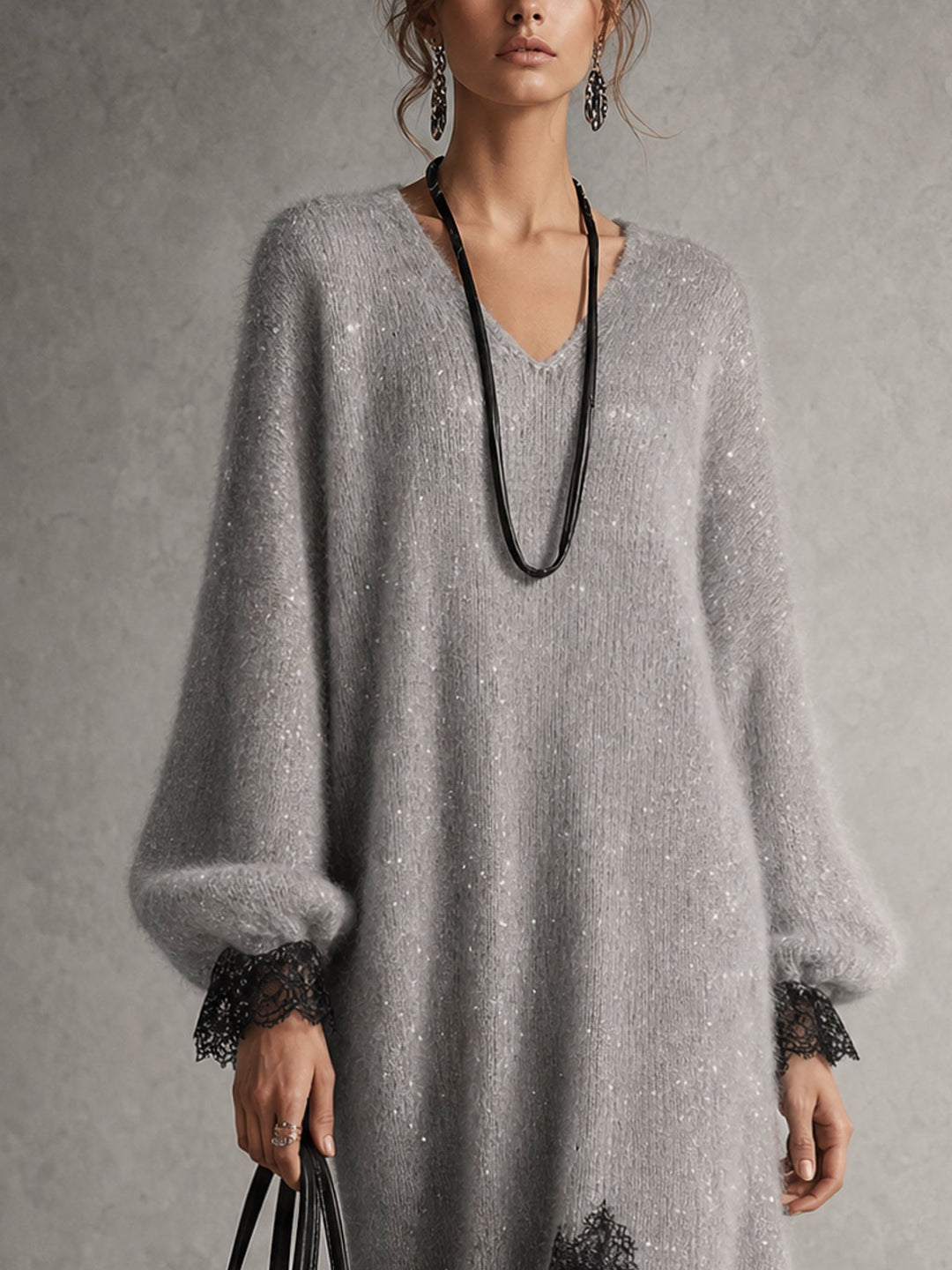 Giovanna | Shimmer Knit Lace Hem Midi Dress