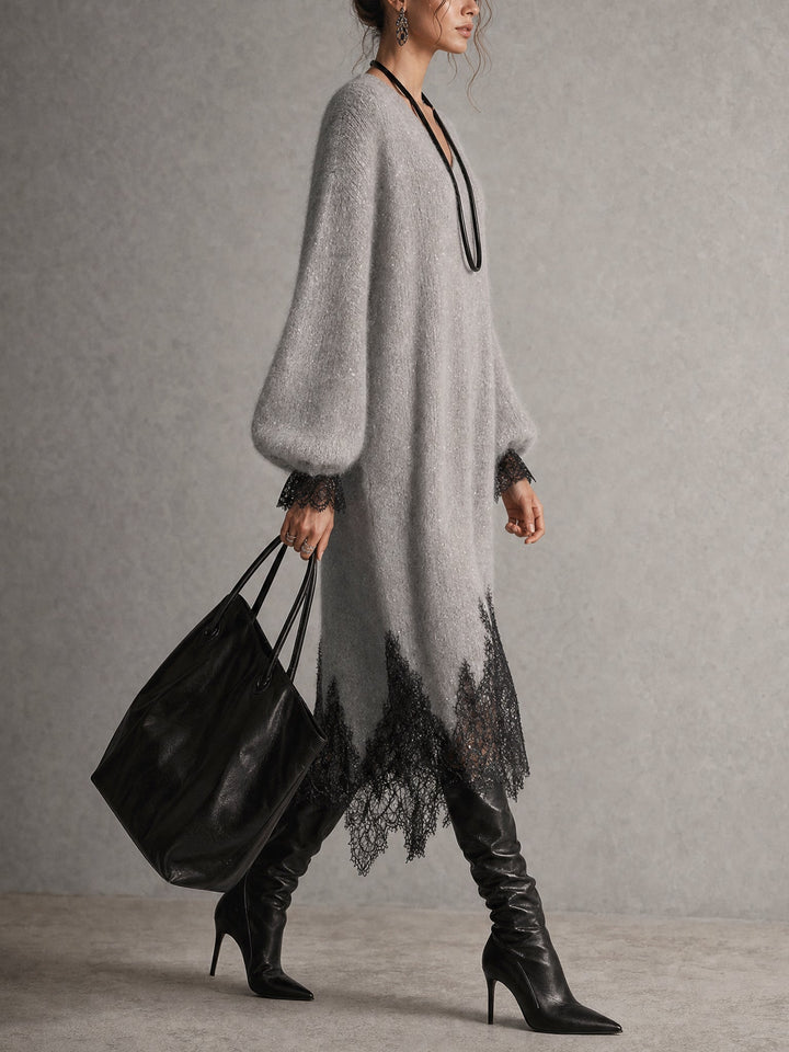 Giovanna | Shimmer Knit Lace Hem Midi Dress