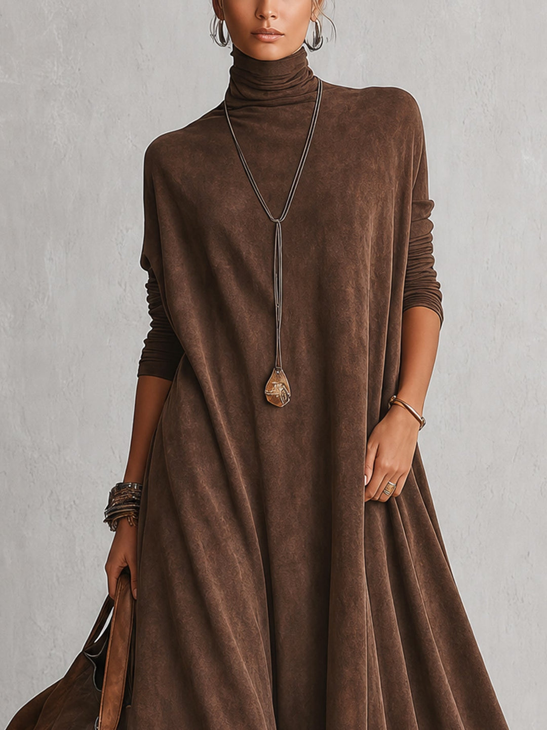 Vilma | Brown Suede Feel Long Sleeve Lace Hem Maxi Dress