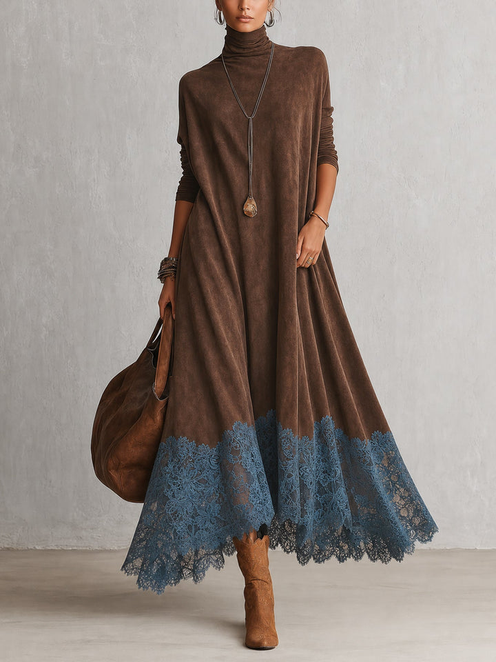 Vilma | Brown Suede Feel Long Sleeve Lace Hem Maxi Dress
