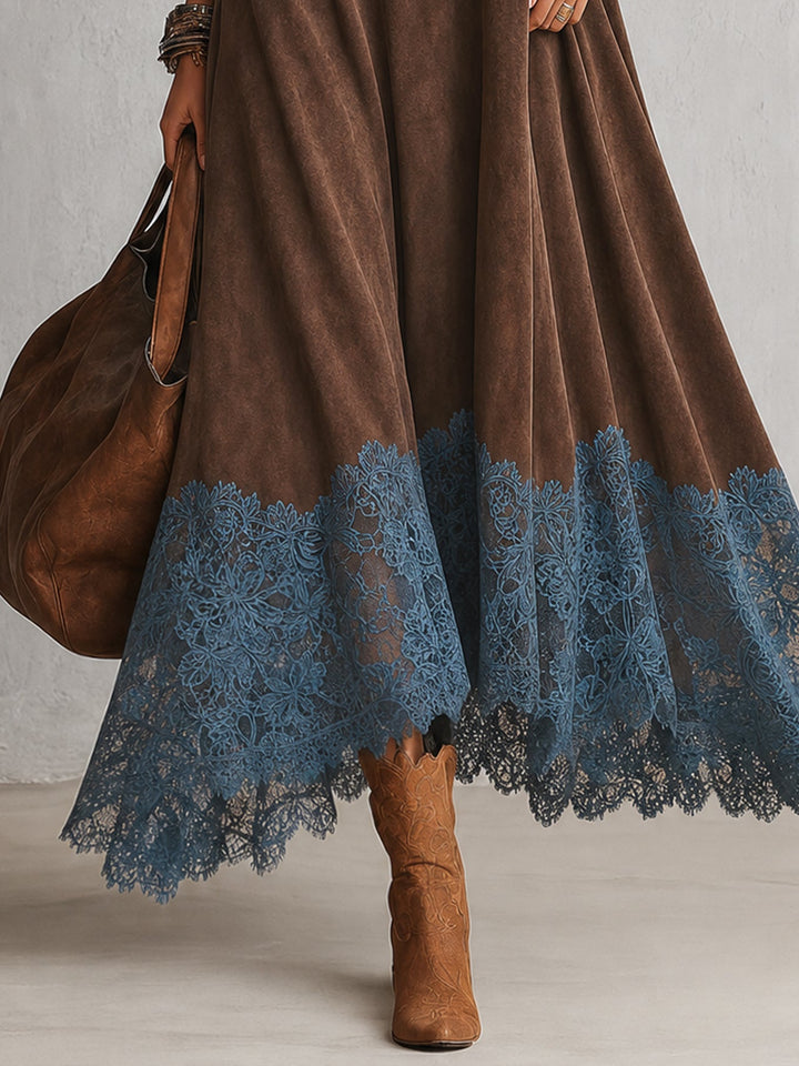 Vilma | Brown Suede Feel Long Sleeve Lace Hem Maxi Dress