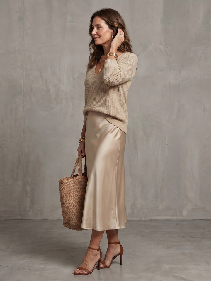 Luciana | Bias Fall Satin Skirt Knit Layer Set