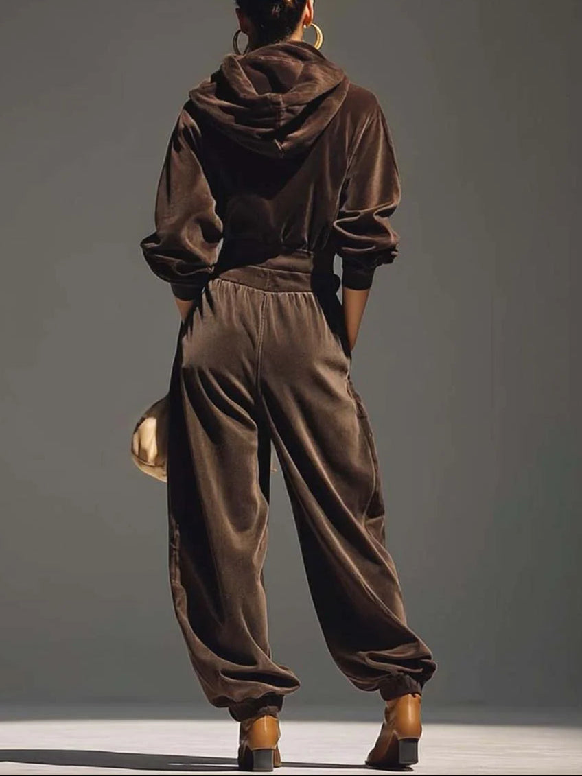Vienna | Vintage brown velvet hoodie and loose pants set (Includes belt)