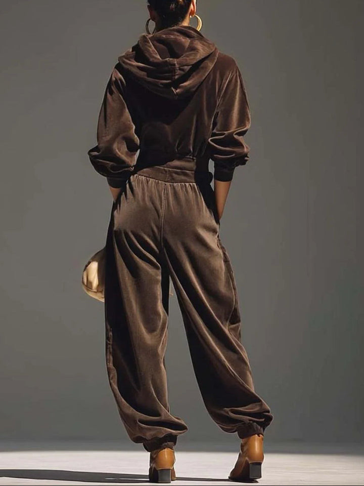 Vienna | Vintage brown velvet hoodie and loose pants set (Includes belt)