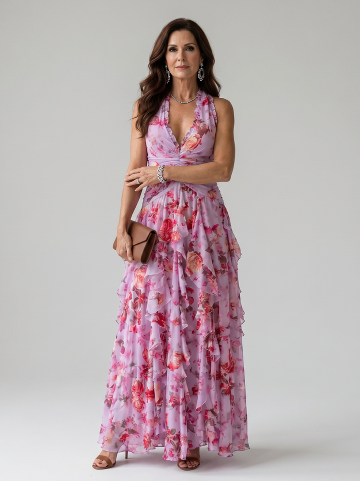 Nori | Floral Maxi Dress with Sweetheart Neckline and Ruffled Top