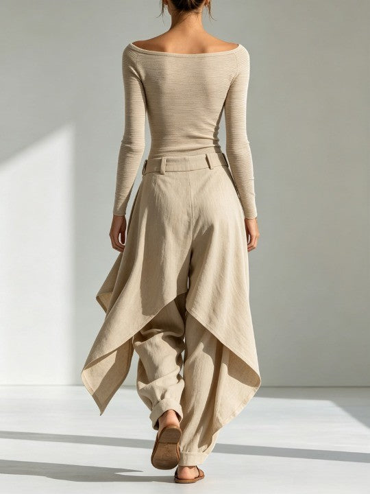 Caitlyn | Beige Boat Neck Top and Layered Wide-leg trouser Set