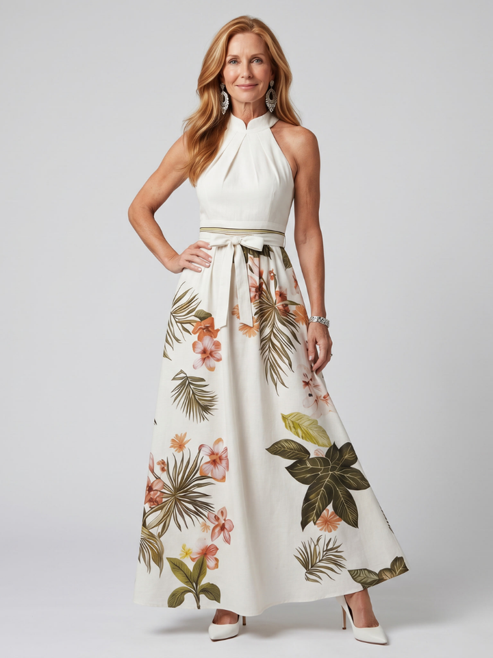 Meadow | Maxi dress with draped neckline and botanical inserts