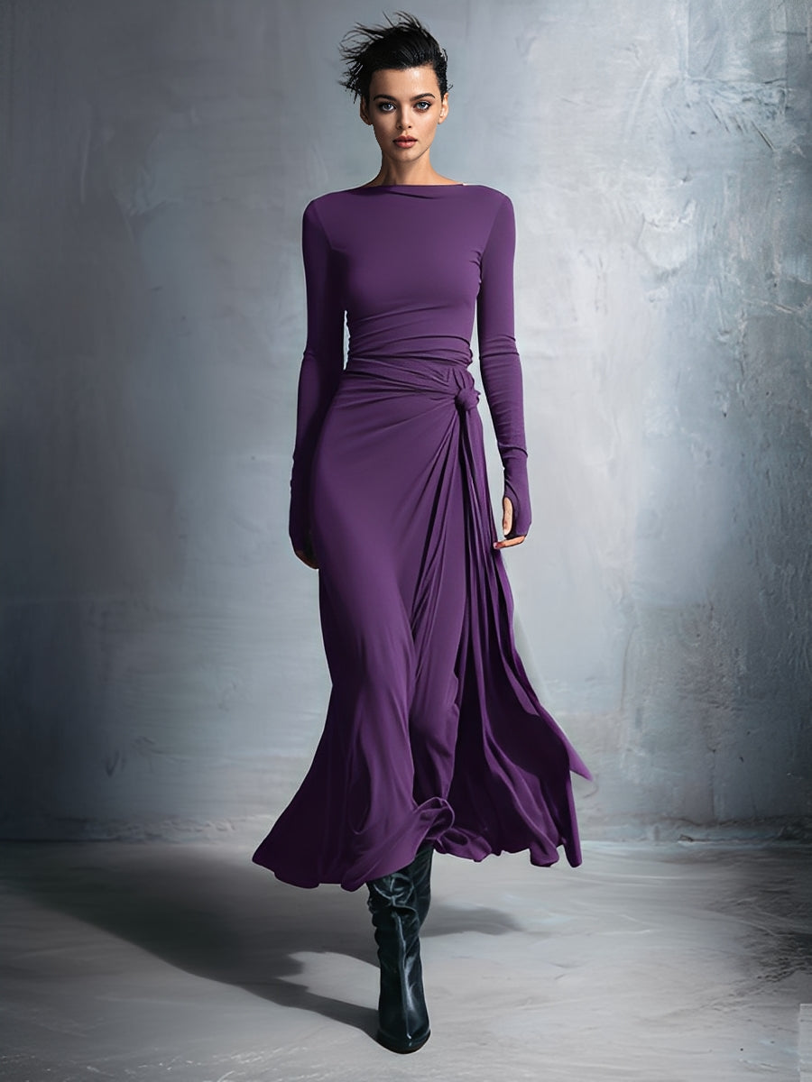 Mira | Gray Exquisite Stretch Blended Fabric Wrap Dress - Knotted Maxi Dress