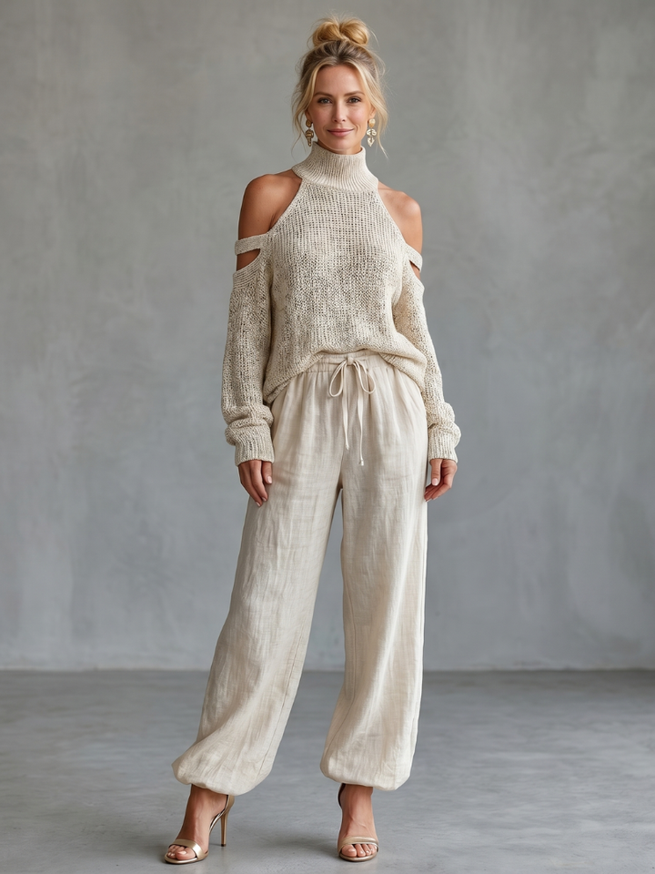 Questa | Open Shoulder Knit Top And Wide Leg Pants Set