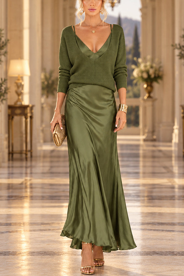 Jessa | V Neck Drop Shoulder Sweater and Satin Maxi Cami Dress Set