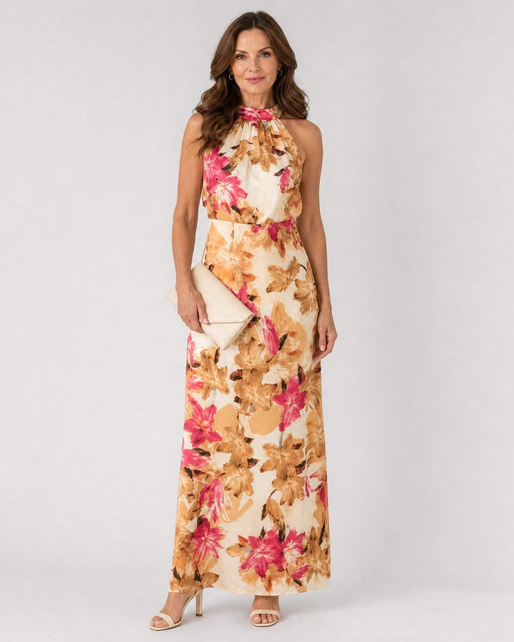 Cekel | Midi Dress with Botanical Print, Back Cutout, and Flowing Skirt