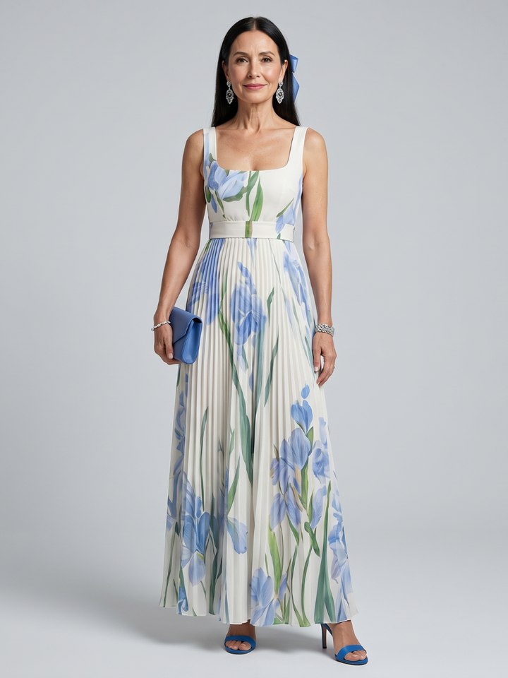Ophelia | Sleeveless Midi Dress with Floral Pattern and Square Neckline