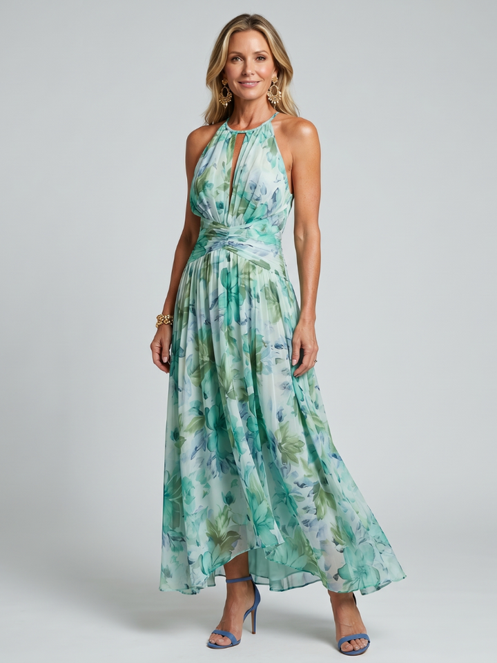 Portia | Pleated Strapless Midi Dress with Delicate Floral Pattern