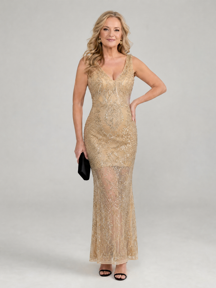 Sirea | Sleeveless Sequin Midi Dress with Transparent Inserts