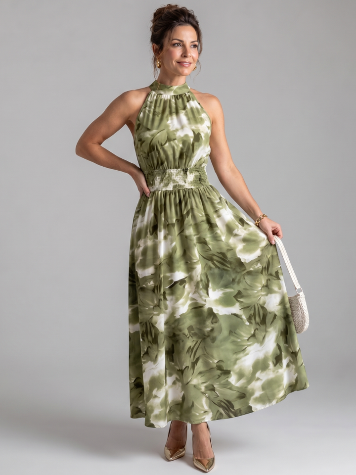 Olivia | Midi Dress with Abstract Print and Ruffle Band at the Waist