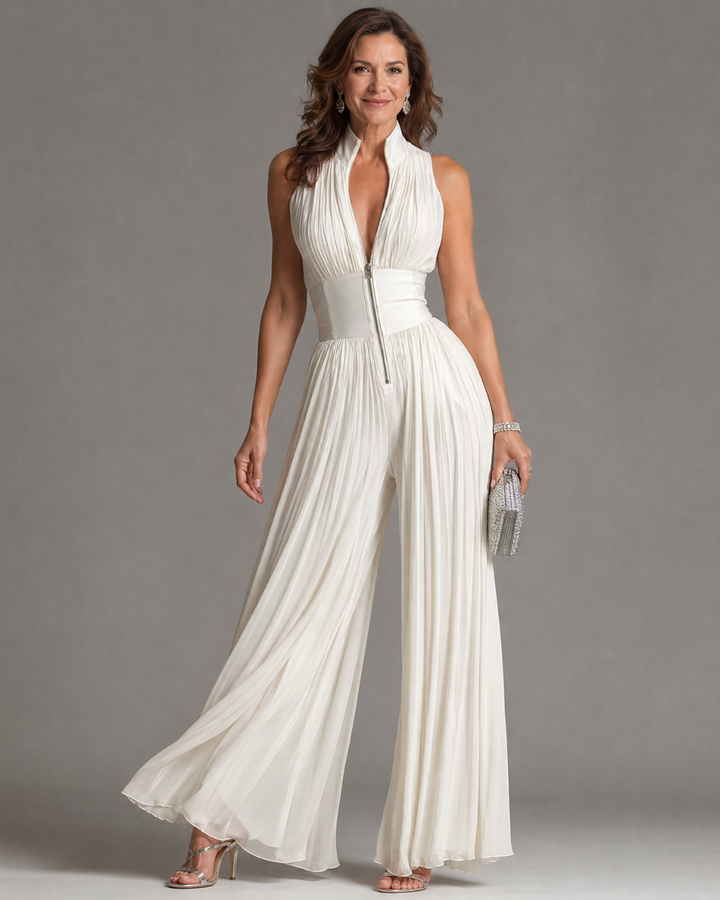 Zakira | Pleated Jumpsuit with Round Neck and Wide Leg