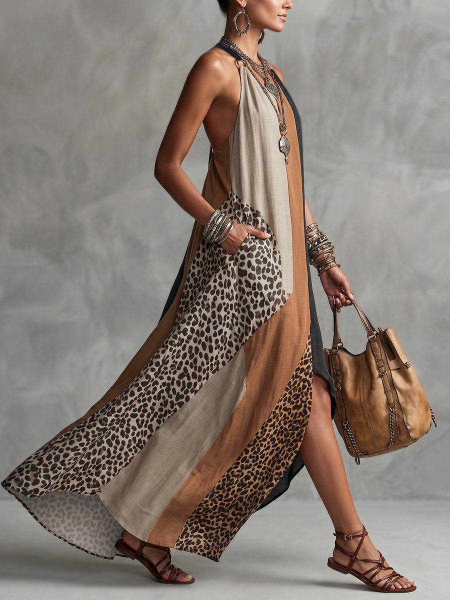 LUCIA | Maxi dress with halter neck, leopard print, and asymmetrical inserts