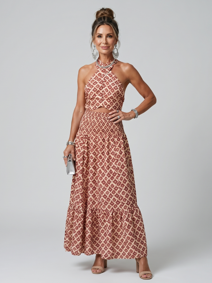Amira | Midi dress with geometric print and crossed straps