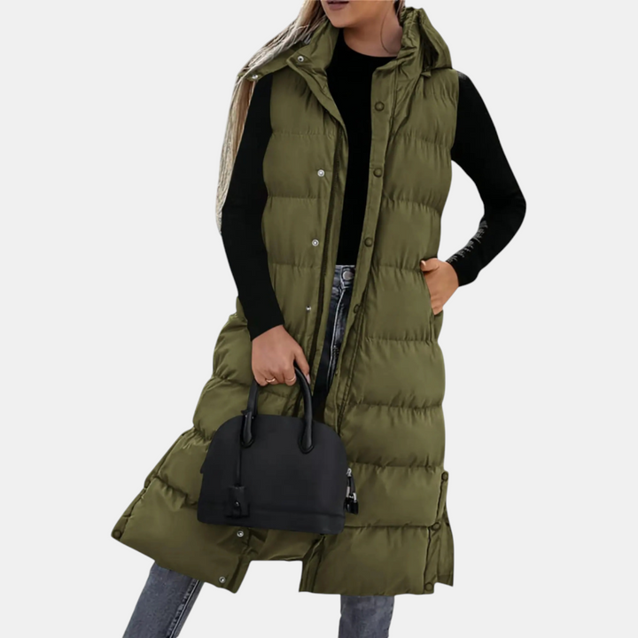 Wynona | Puffer Vest Quilted Hooded Maxi Length Button Down