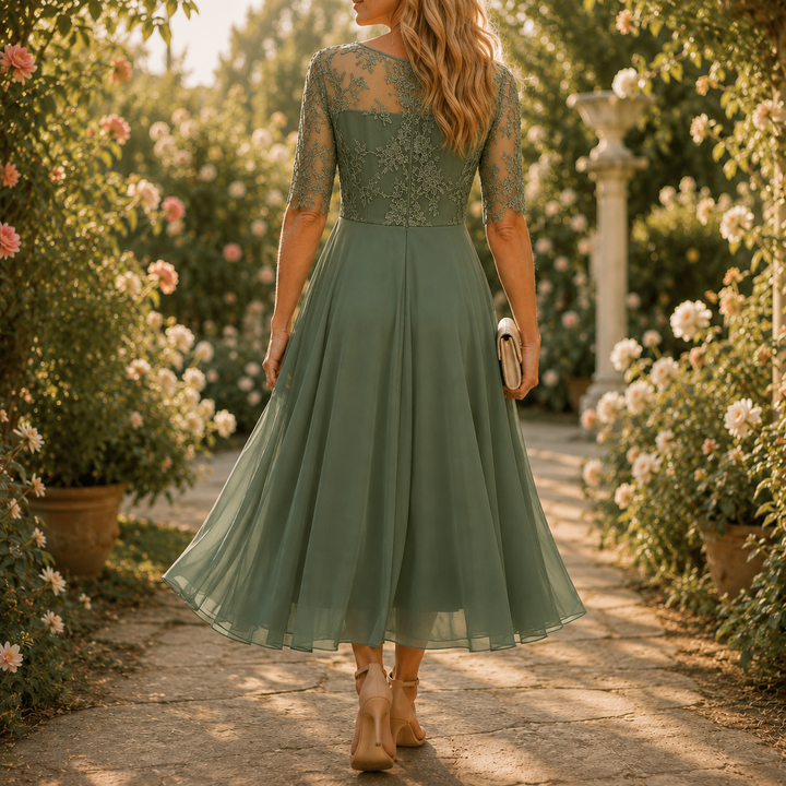 Elowen | Embroidered Lace Bodice Midi Dress for Weddings