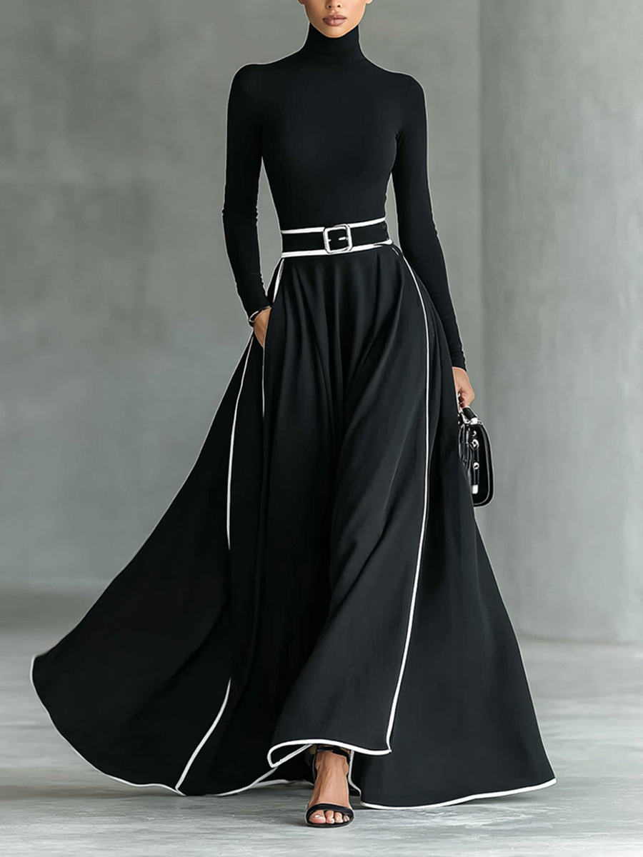 Felise | Black Stitching White Trim High Collar Long Sleeve Tight Belt Maxi Dress