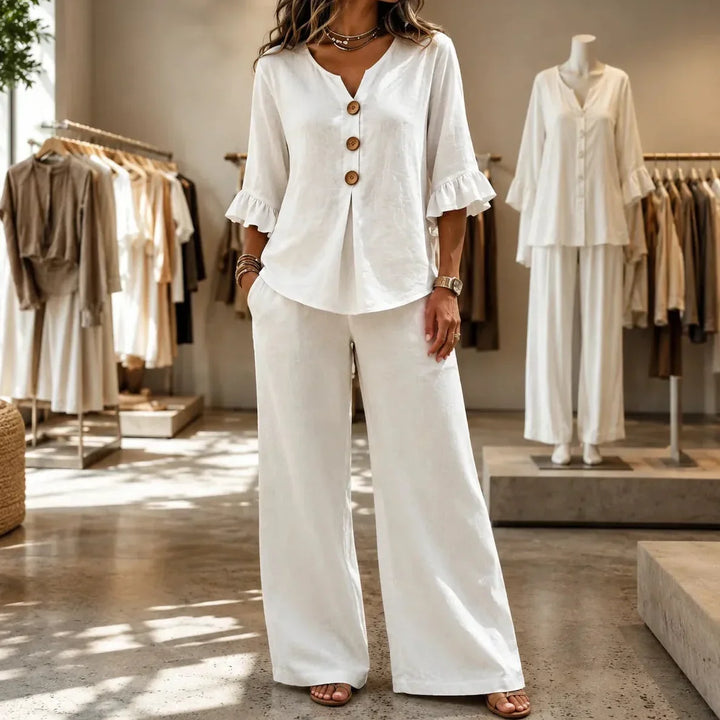 Louna | Ruffled Sleeve Linen Effect Set with Wide Leg Pants