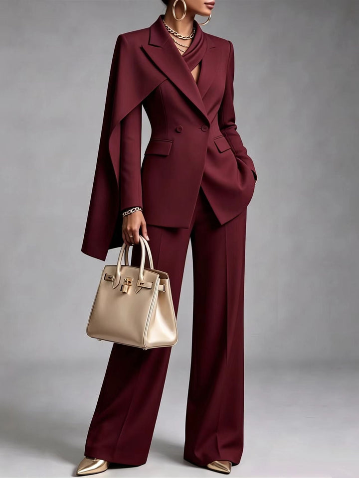 Dorina | Chic 2-Piece Suit Set – Asymmetric Cape Blazer &amp; Wide-Leg Pants