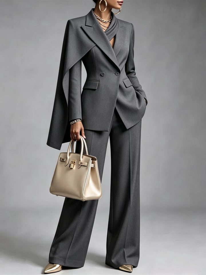 Dorina | Chic 2-Piece Suit Set – Asymmetric Cape Blazer &amp; Wide-Leg Pants