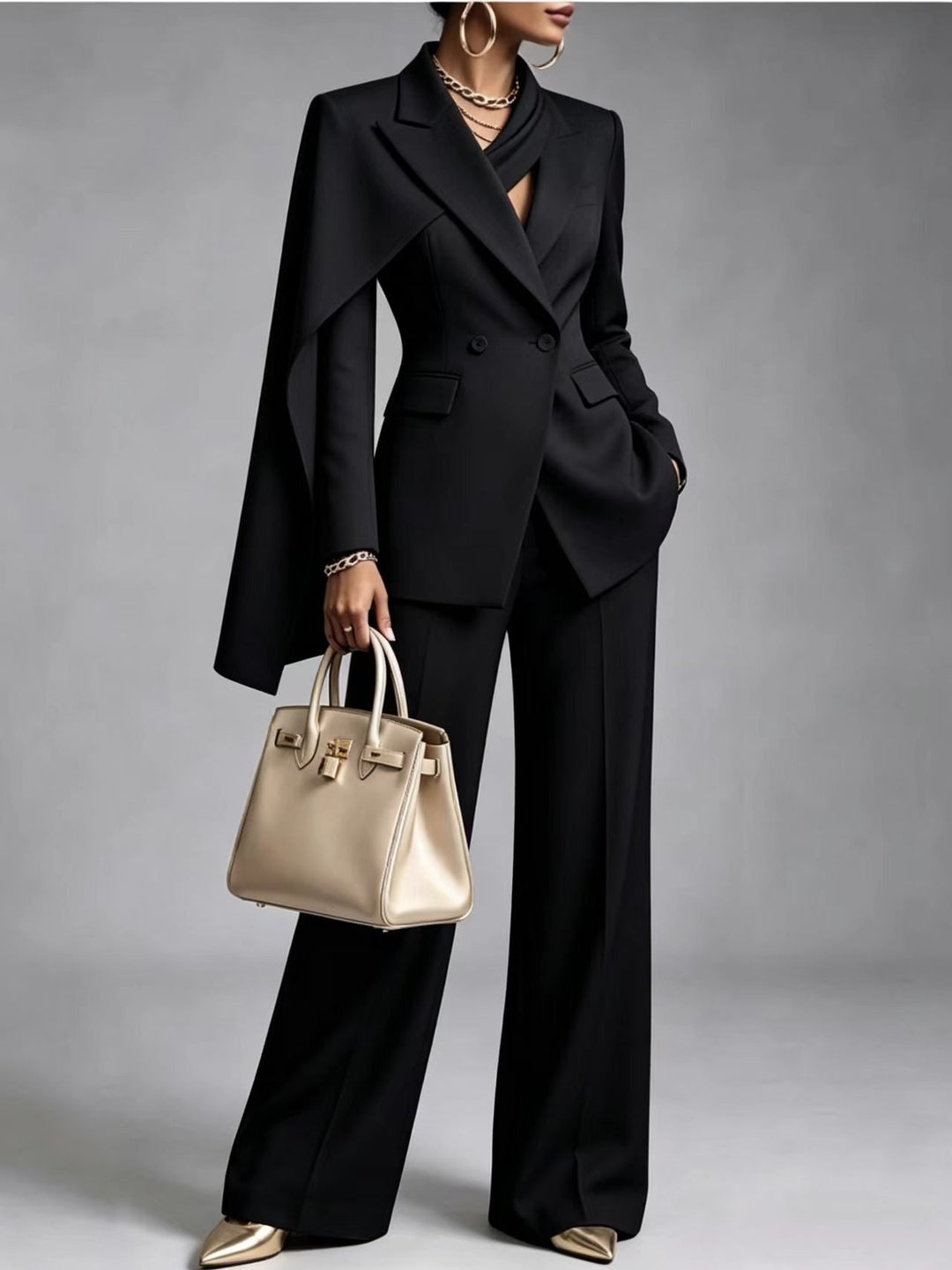 Dorina | Chic 2-Piece Suit Set – Asymmetric Cape Blazer &amp; Wide-Leg Pants