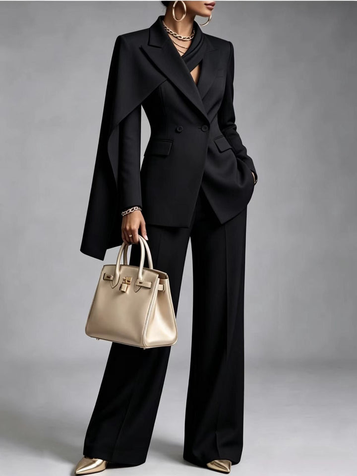 Dorina | Chic 2-Piece Suit Set – Asymmetric Cape Blazer &amp; Wide-Leg Pants