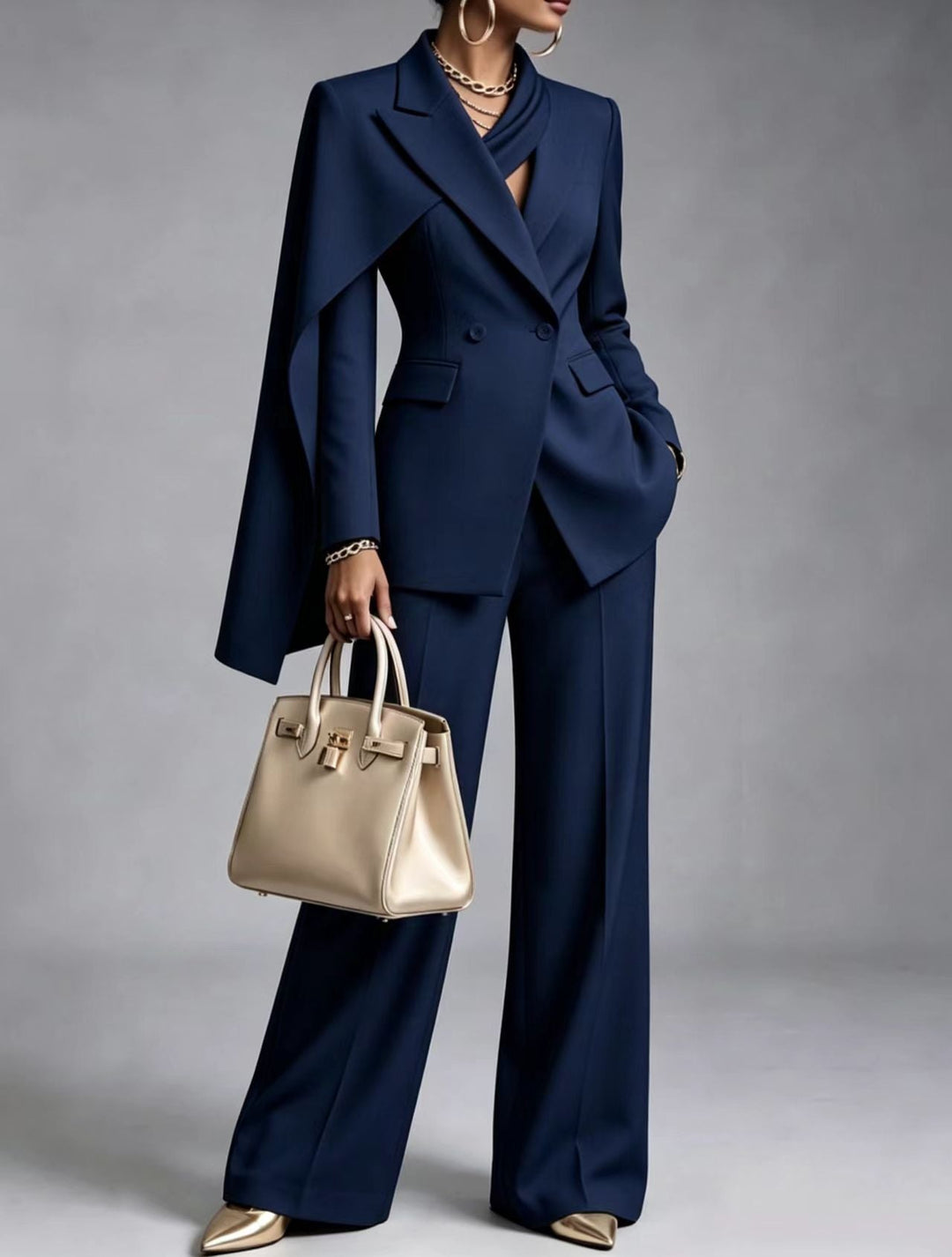 Dorina | Chic 2-Piece Suit Set – Asymmetric Cape Blazer &amp; Wide-Leg Pants