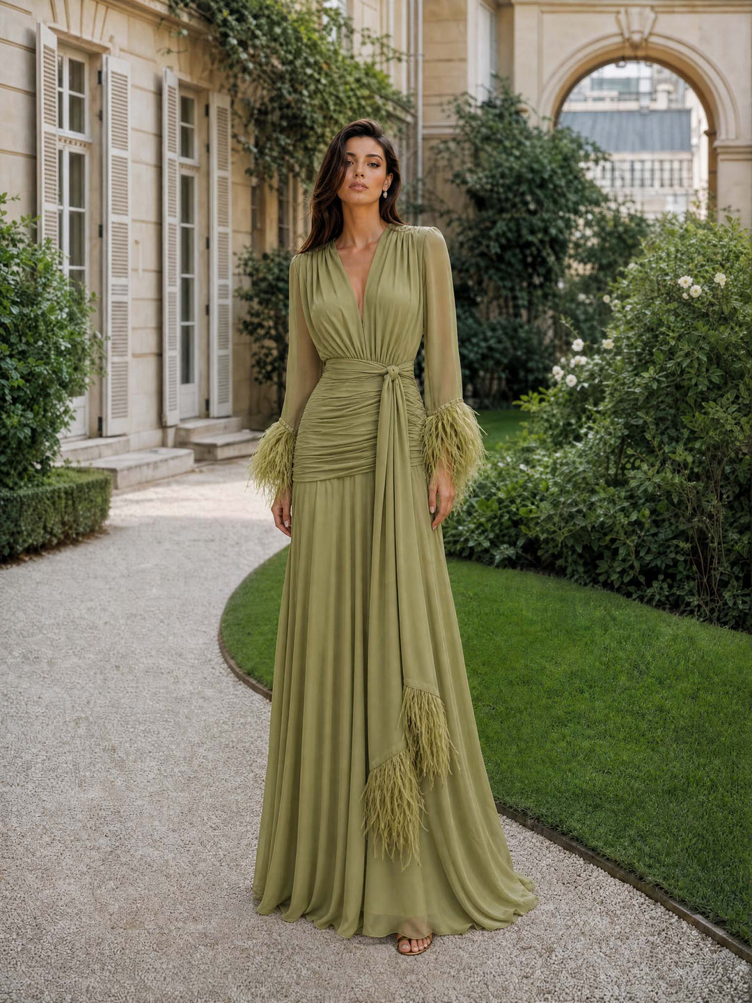 Eva | Elegant V-Neck Feather Cuff Flowing Chiffon Maxi Dress
