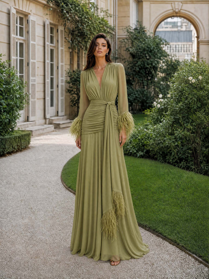 Eva | Elegant V-Neck Feather Cuff Flowing Chiffon Maxi Dress